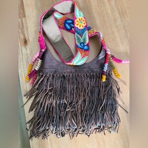 Syra Carus leather fringe purse with embroidered strap